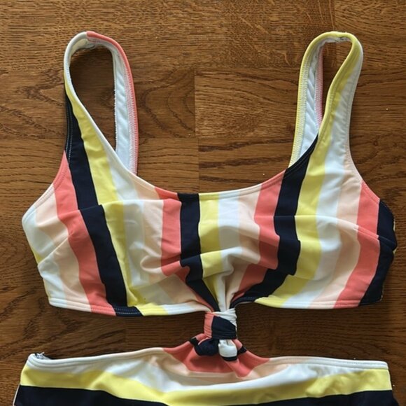 Abercrombie Yellow Coral White Black Stripe Cutout One Piece Knot XS Swimsuit - Picture 7 of 7